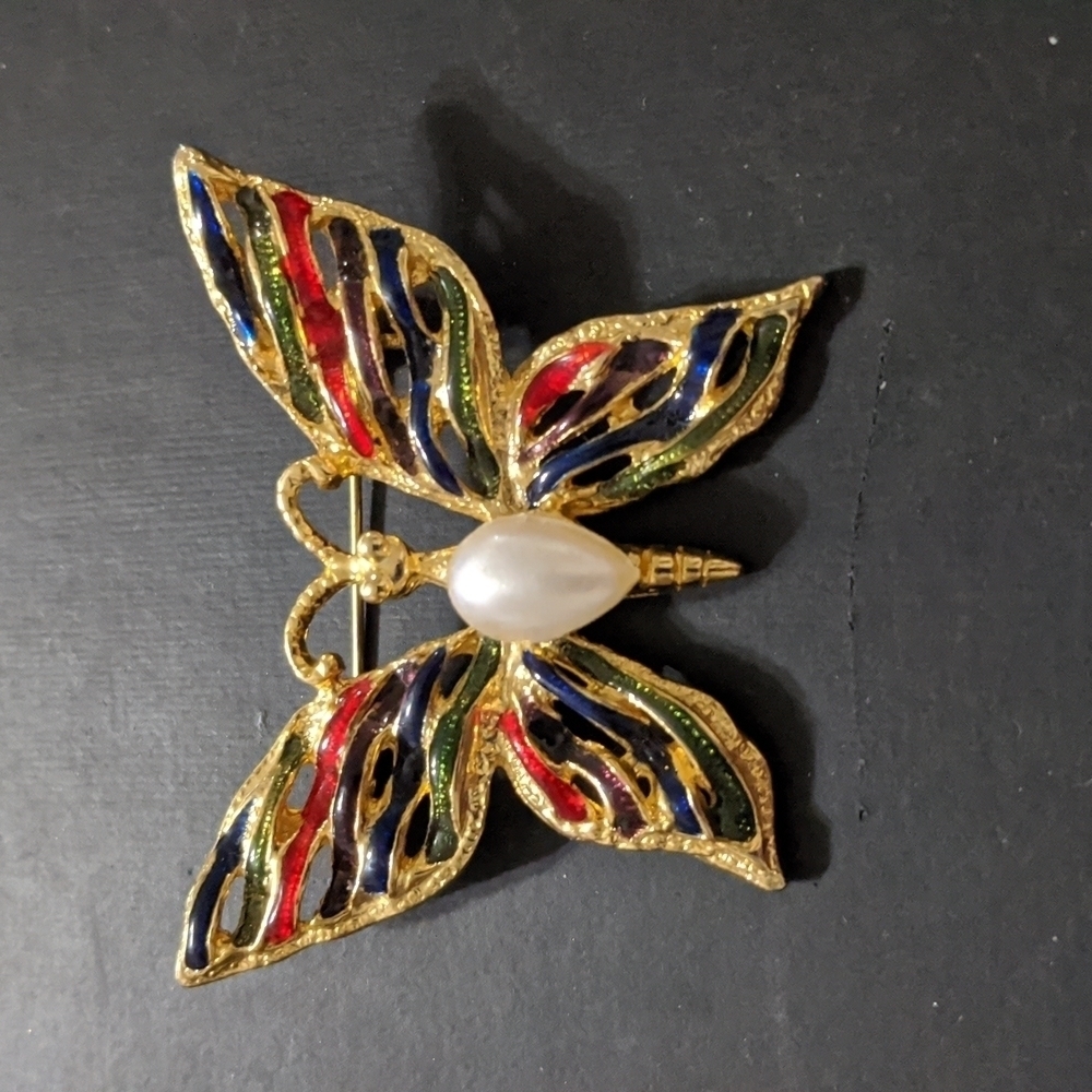 Gold Tone Faux Pearl Multi Color Butterfly Statement Brooch Pin